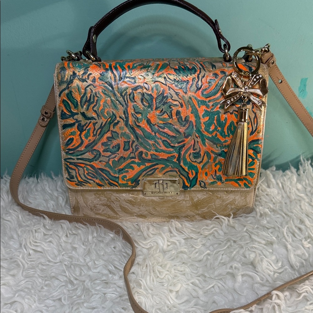 Brahmin Satchel  exclusive, rare Floral Accent Top-Handle Bag in Teal & Gold